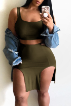 Army Green Sexy Solid Split Joint Square Collar Sleeveless Two Pieces