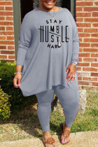 Grey Casual Print Split Joint O Neck Plus Size Two Pieces