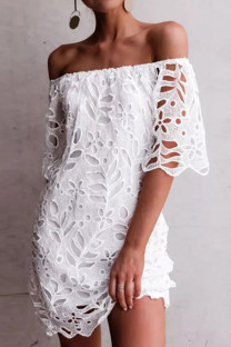 White Sweet Solid Hollowed Out Split Joint Off the Shoulder Straight Dresses