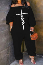Black Casual Print Patchwork Off the Shoulder Loose Jumpsuits