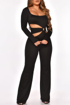 Black Fashion Sexy Solid Hollowed Out Square Collar Jumpsuits