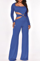 Blue Fashion Sexy Solid Hollowed Out Square Collar Jumpsuits