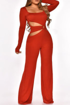 Red Fashion Sexy Solid Hollowed Out Square Collar Jumpsuits