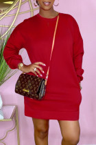 Red Casual Solid Split Joint O Neck Straight Dresses