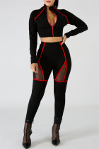Red Casual Sportswear Patchwork See-through Zipper Collar Long Sleeve Two Pieces