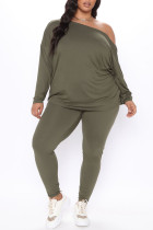 Army Green Sexy Solid Backless V Neck Plus Size Two Pieces