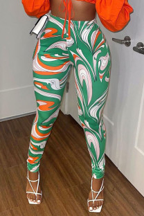 Green Casual Print Split Joint Skinny High Waist Pencil Full Print Bottoms