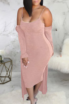 Pink Casual Solid Patchwork Spaghetti Strap Long Sleeve Two Pieces