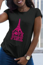 Black Casual Daily Print Split Joint O Neck T-Shirts