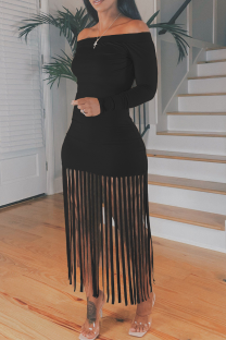 Black Sexy Solid Tassel Off the Shoulder Straight Dresses