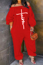 Red Casual Print Patchwork Off the Shoulder Loose Jumpsuits