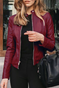 Burgundy Fashion Casual Solid Basic Zipper Collar Plus Size Coats