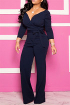 Tibetan Blue Fashion Casual Solid With Belt V Neck Regular Jumpsuits