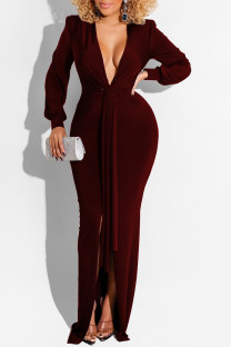 Burgundy Sexy Solid Split Joint Asymmetrical V Neck Straight Dresses