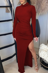 Dark Red Fashion Casual Solid Slit Turtleneck Long Sleeve Dresses