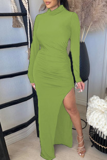 Light Green Fashion Casual Solid Slit Turtleneck Long Sleeve Dresses