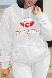 White Fashion Casual Letter Lips Printed Basic Hooded Collar Tops
