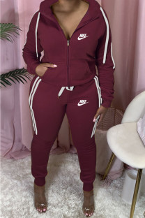 Burgundy Fashion Sportswear Print Split Joint Hooded Collar Long Sleeve Two Pieces