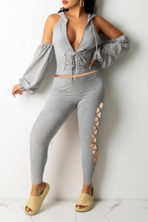 Silver Gray Sexy Solid Hollowed Out Hooded Collar Long Sleeve Two Pieces