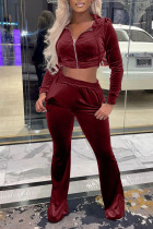 Burgundy Casual Solid Split Joint Zipper Hooded Collar Long Sleeve Two Pieces