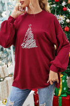 Burgundy Fashion Casual Christmas Tree Printed Basic O Neck Tops