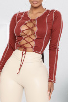 Burgundy Sexy Casual Solid Bandage V Neck Tops