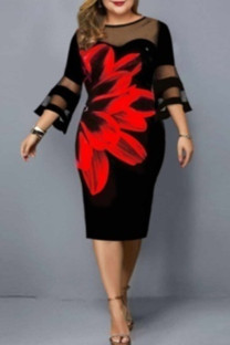 Red Elegant Print Split Joint O Neck One Step Skirt Plus Size Dresses
