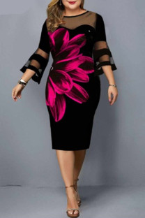 Fuchsia Elegant Print Split Joint O Neck One Step Skirt Plus Size Dresses
