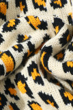 Apricot Fashion Casual Print Leopard Slit Turtleneck Tops (Without Waist Chain)