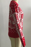 Red Casual Print Split Joint O Neck Tops