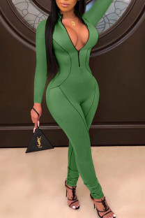 Green Sexy Patchwork zipper Long Sleeve O Neck Jumpsuits