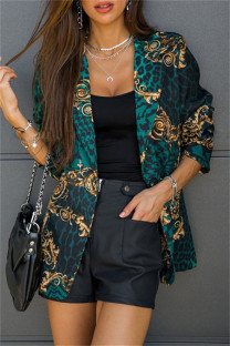 Green Fashion Casual Print Cardigan Turndown Collar Outerwear