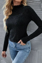 Black Casual Solid Split Joint O Neck Tops