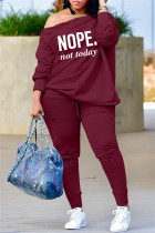Burgundy Fashion Casual Letter Print Basic Oblique Collar Long Sleeve Two Pieces