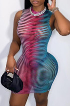 Multicolor Fashion Sexy Not Positioning Printed See-through Half A Turtleneck Sleeveless Dress