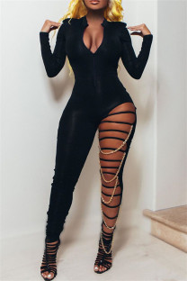 Black Fashion Sexy Solid Ripped Split Joint Chains Zipper Collar Skinny Jumpsuits