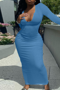Blue Fashion Casual Solid Basic V Neck Long Sleeve Dresses