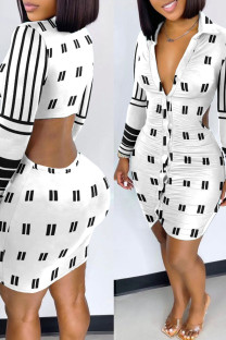 White Sexy Print Split Joint Buckle Turndown Collar Pencil Skirt Dresses