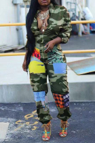 Camouflage Sexy Patchwork Colorblock Printing O Neck Jumpsuits