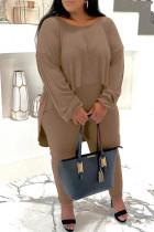 Khaki Casual Solid Split Joint O Neck Plus Size Two Pieces