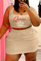 Apricot Sexy Casual Letter Hot Drilling Basic U Neck Sleeveless Two Pieces