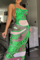 Green Sexy Print Split Joint Backless Halter One Step Skirt Dresses