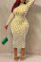 Yellow White Fashion Casual Plaid Print Basic Turtleneck Long Sleeve Plus Size Dresses
