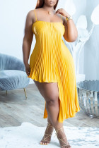 Yellow Sexy Solid Split Joint Fold Asymmetrical Spaghetti Strap Sling Dress Plus Size Dresses