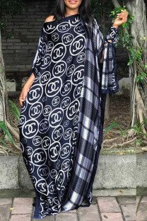 Navy Blue Fashion Casual Print Split Joint Off the Shoulder Straight Dresses