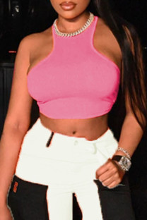 Pink Sexy Casual Solid Split Joint O Neck Tops