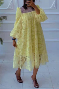 Yellow Fashion Casual Patchwork Embroidered Beading O Neck Long Sleeve Dresses
