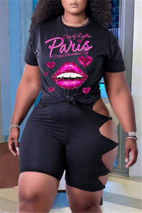 Black Fashion Casual Letter Lips Printed Ripped O Neck Plus Size Two Pieces