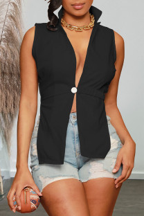 Black Sexy Solid Split Joint Backless Asymmetrical Turn-back Collar Tops