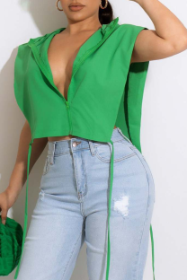 Green Fashion Solid Split Joint Hooded Collar Plus Size Tops